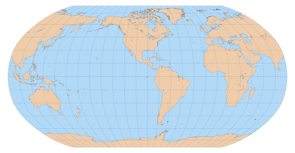 Mapa-múndi produzido com base na projeção de Robinson, que procurou minimizar as distorções.