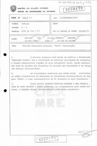 Documento que aponta a troca de informações entre os governos brasileiro e uruguaio para a captura de opositores.