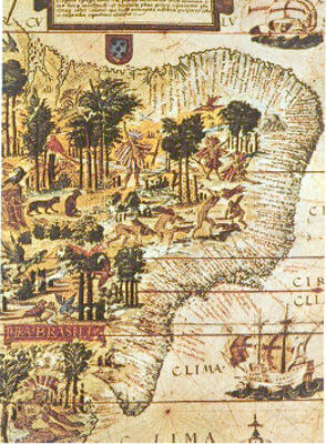 Mapa produzido no século XVI, retratando a exploração do pau-brasil realizada pelos indígenas.[1]